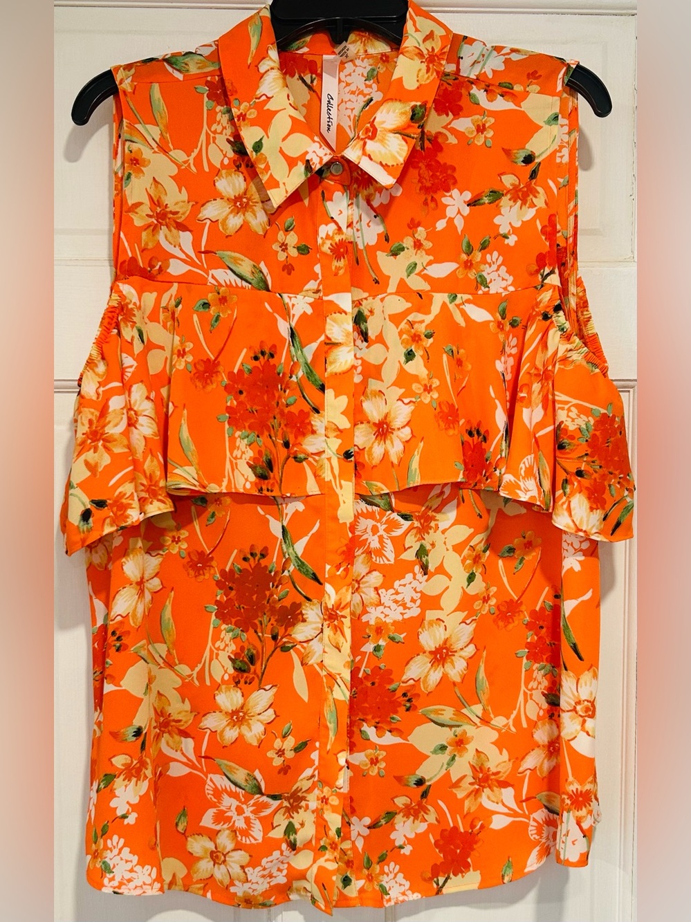 NY Collection Bold Orange Tropical Print Cold Shoulder Button Front Blouse XL